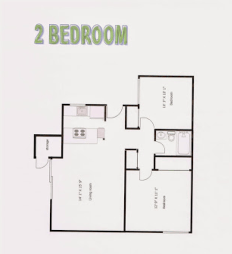 A 2 bedroom floor plan with a kitchen area.